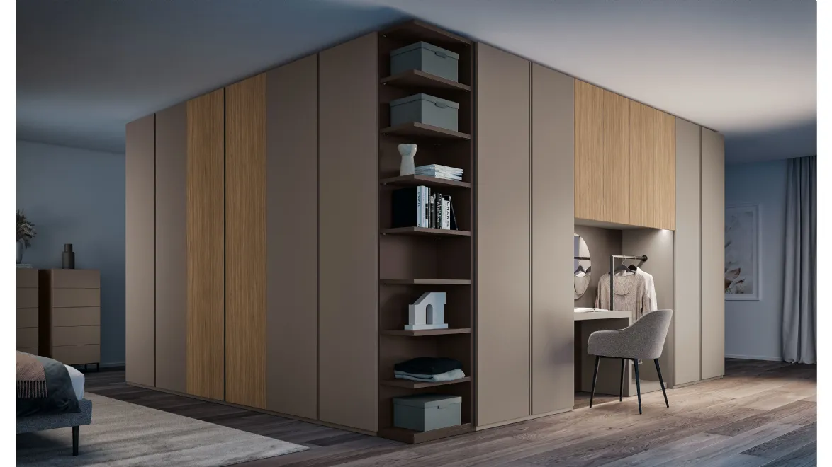 Armadio Ardecò Omega Cognac in laccato opaco e Rovere di Spagnol Mobili