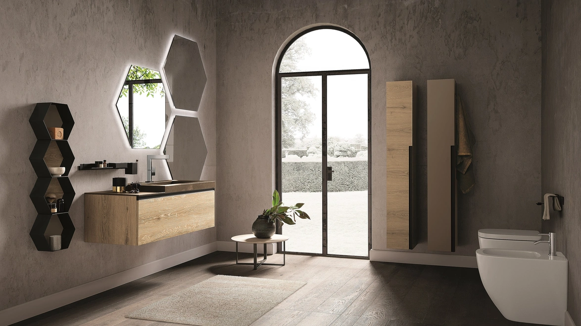 Mobile da Bagno Side 04 in melaminico rovere e top in gres con vasca intregrata di Archeda