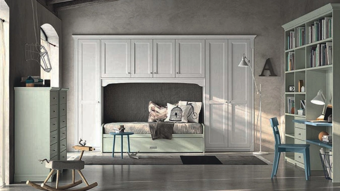 Cameretta a ponte classica N21 Nuovo Mondo in legno finitura bianco gesso e verde tundra di Scandola