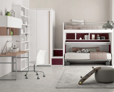 Cameretta con letti a castello salvaspazio con letto estraibile Space 030 in laccato opaco di Spagnol Mobili