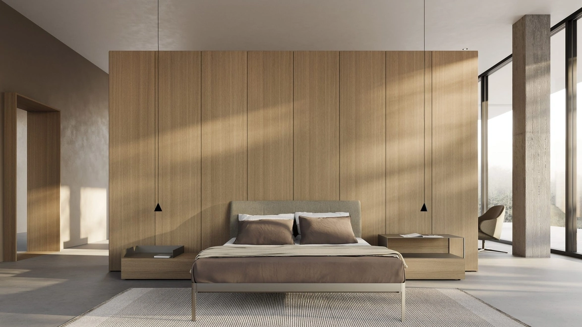 Letto in alluminio con testiera in tessuto AluAlu Bed di Kristalia