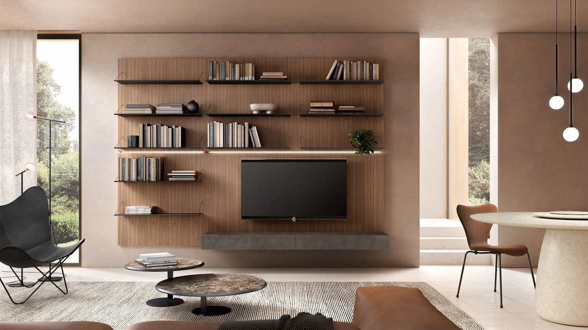 Libreria Boiserie Air in Noce Canaletto con mensole in metallo di Capo d'Opera