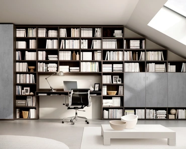 Libreria componibile a muro su misura Living 72D composta da vani a giorno e ante in materico finitura cemento di Ferrimobili