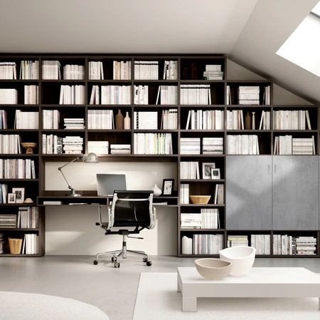 Libreria componibile a muro su misura Living 72D composta da vani a giorno e ante in materico finitura cemento di Ferrimobili