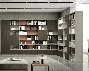 Libreria a muro e divisoria angolare Living 801 in melaminico e laccato di Spagnol Mobili