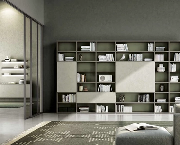 Libreria a muro Living 831 in laccato opaco e fimitura materica di Spagnol Mobili