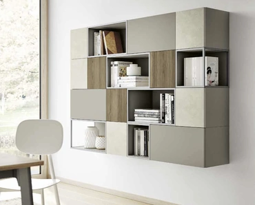 Libreria sospesa Living 856 Nordic in laccato, melaminico Noce e materico Touch Madreperla di Spagnol Mobili