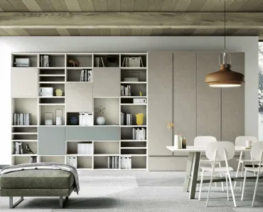 Libreria a muro Living 858 in materico Touch Sabbia, melaminico Noce Sider e laccato opaco Giada di Spagnol Mobili