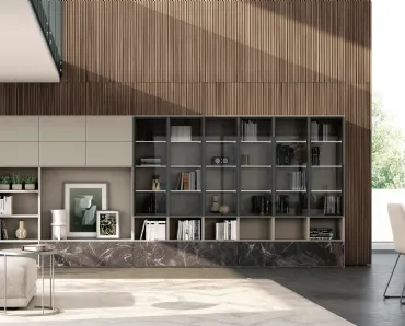 Libreria a muro componibile Vega Day 01 in laccato opaco e cristallo di Spagnol Mobili