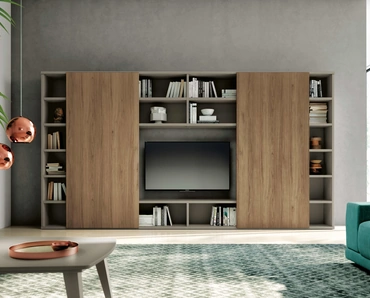 Libreria a muro Vega Day 03 in melaminico finitura noce Canaletto e laccato opaco di Spagnol Mobili