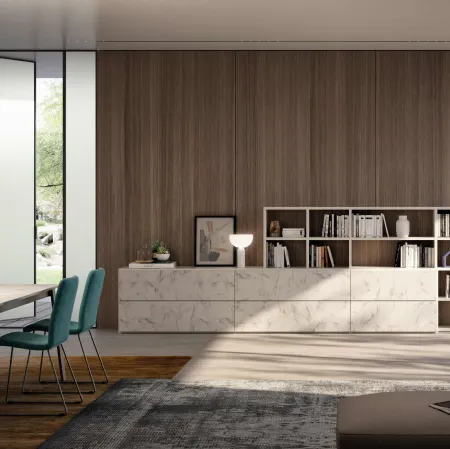 Libreria Vega Day sovrapposto 01 in laccato opaco e finitura Bianco Statuario di Spagnol Mobili