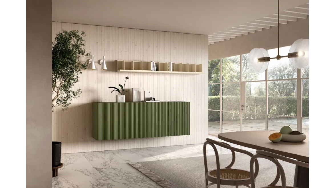 Madia Aero sospesa in laccato opaco finitura Velvet Verde con motivo plissettato di Capo d'Opera