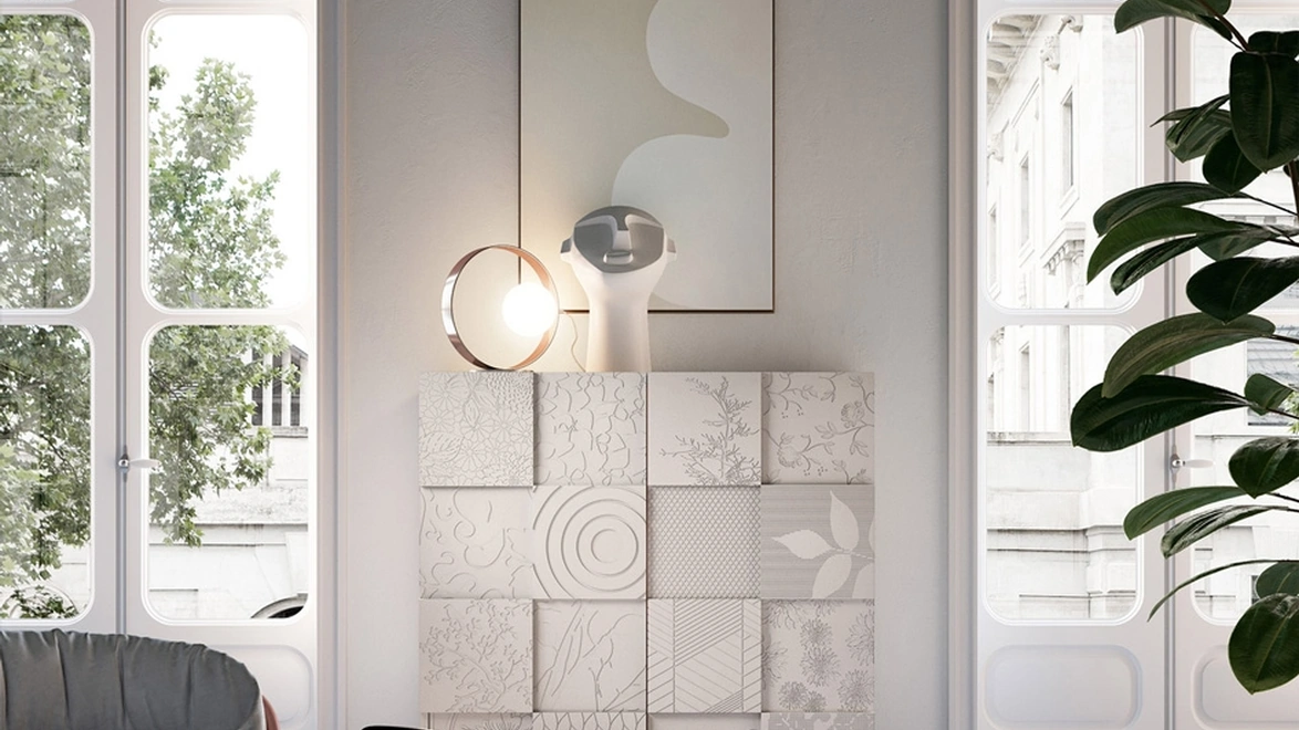 Madia Alta Quadro in laccato opaco Bianco con lavorazione Patchwork in 3D di Capo d'Opera