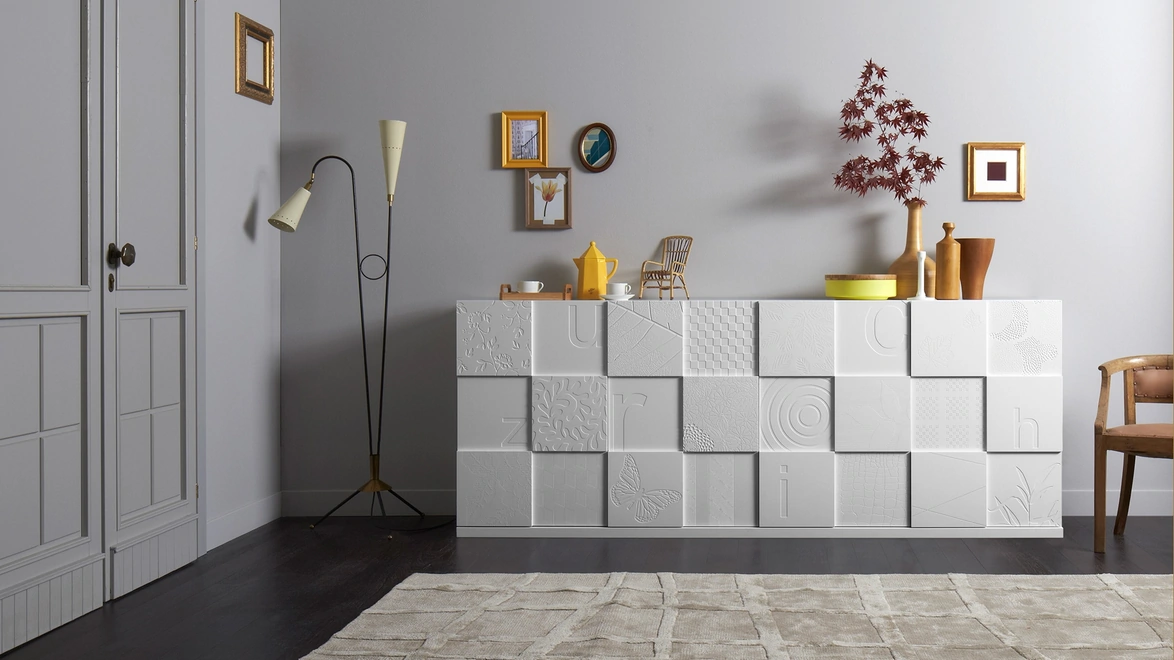 Madia Quadro in laccato opaco Bianco con lavorazione Patchwork in 3D di Capo d'Opera