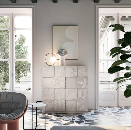 Madia Alta Quadro in laccato opaco Bianco con lavorazione Patchwork in 3D di Capo d'Opera