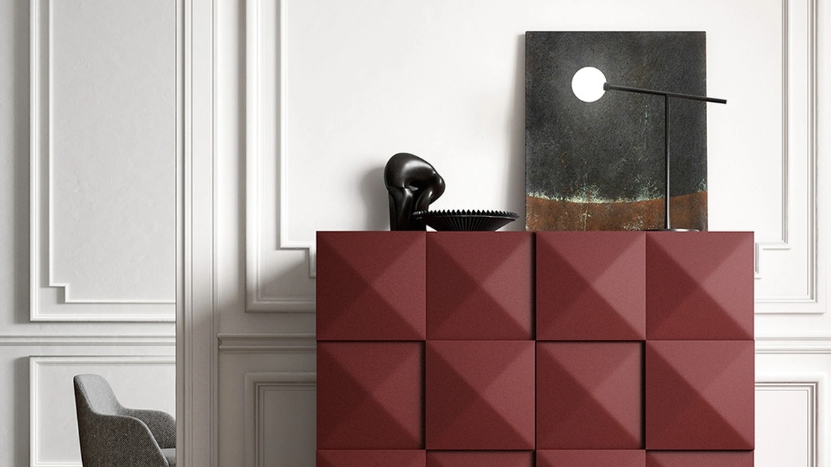 Madia Quadro in laccato opaco Bordeaux con lavorazione in 3D di Capo d'Opera