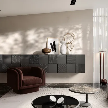 Madia sospesa Quadro in laccato Nero opaco con lavorazione Patchwork 3D di Capo d'Opera