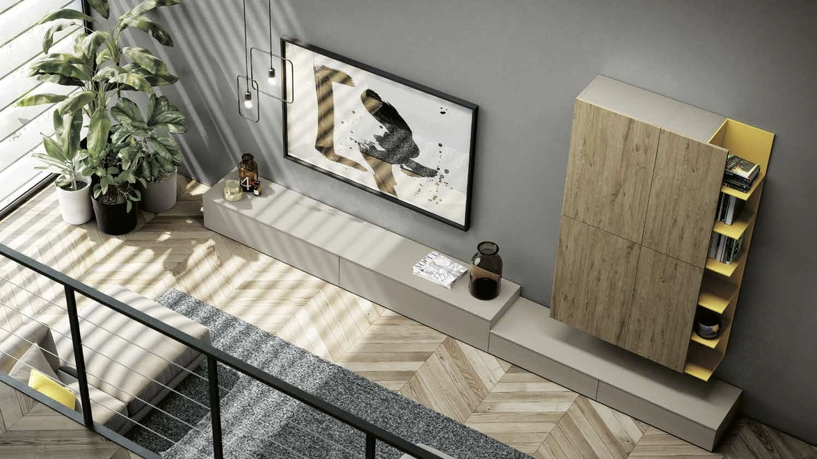 Parete Attrezzata Living 840 in melaminico Rovere nodato e laccato opaco di Spagnol Mobili