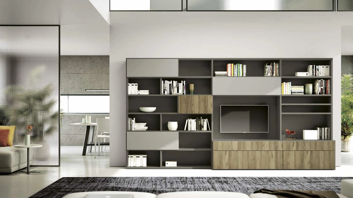 Parete Attrezzata Living 844 in laccato opaco e melaminico Rovere nodato di Spagnol Mobili