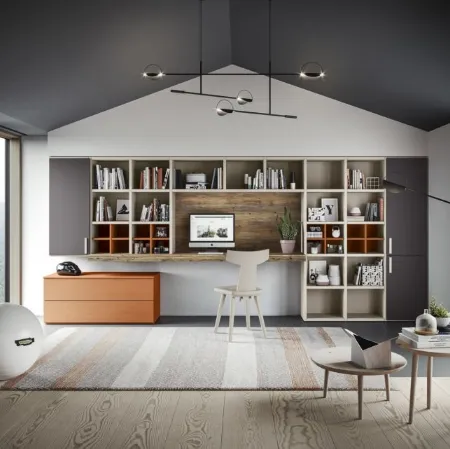 Parete Attrezzata con scrivania in legno e laccato opaco M07 Maestrale di Scandola