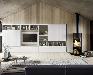 Parete Attrezzata in legno finitura bianco gesso con TV a scomparsa M05 Maestrale di Scandola