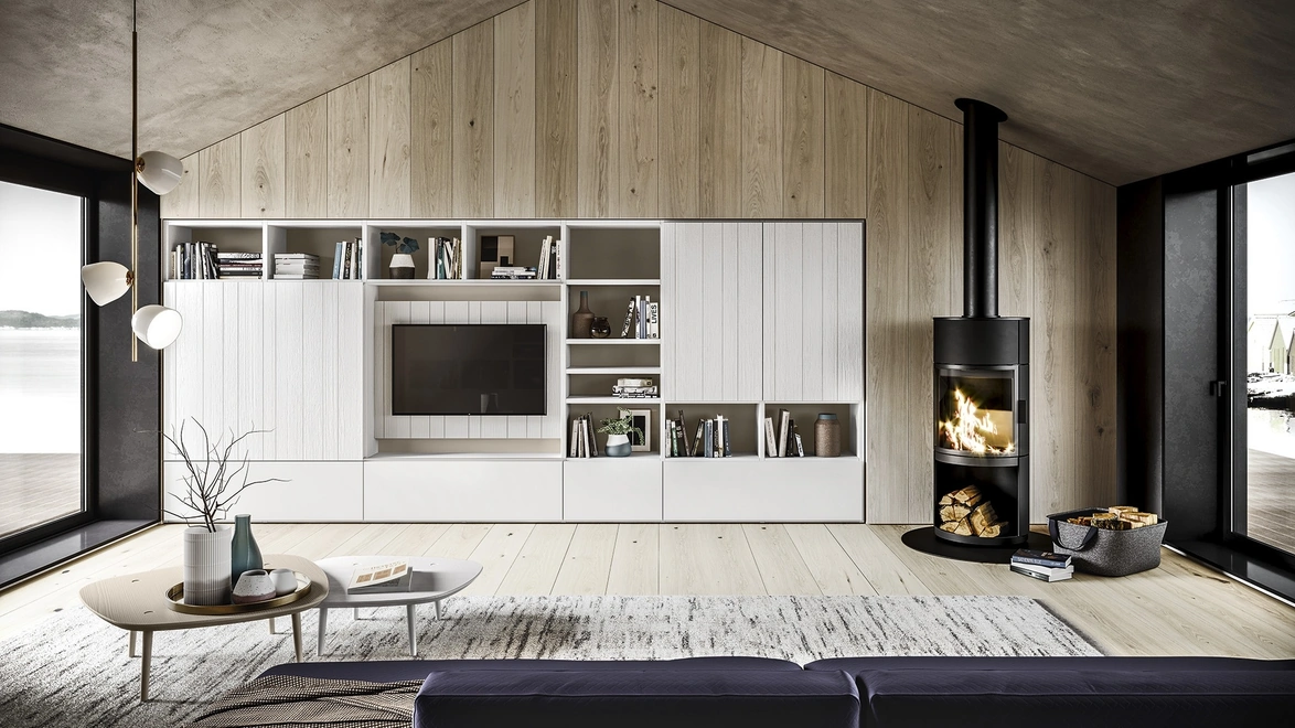 Parete Attrezzata in legno finitura bianco gesso con TV a scomparsa M05 Maestrale di Scandola