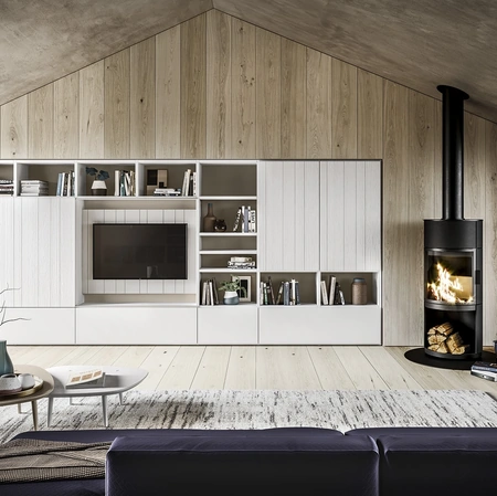 Parete Attrezzata in legno finitura bianco gesso con TV a scomparsa M05 Maestrale di Scandola