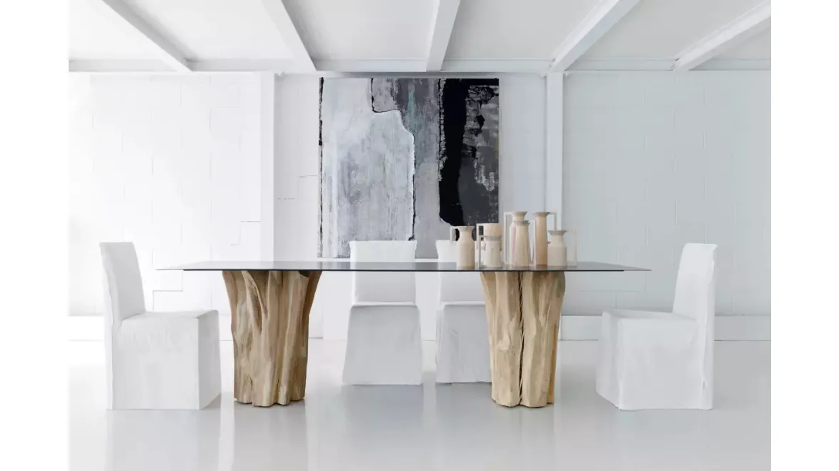 Tavolo Brick 33 in lamiera di ferro cerata e base in sezioni di tronco di Gervasoni