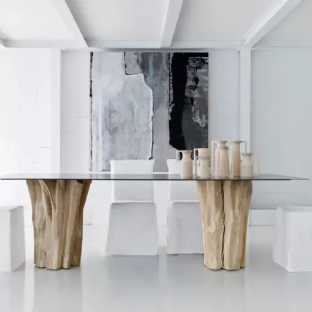 Tavolo Brick 33 in lamiera di ferro cerata e base in sezioni di tronco di Gervasoni