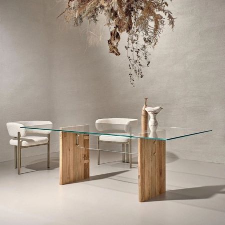 Tavolo Bridge in vetro con base in legno secolare di Nature Design