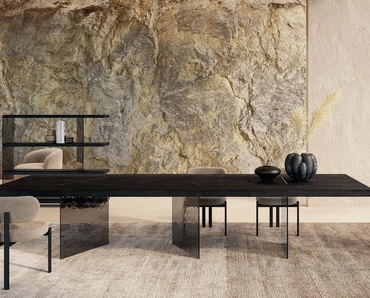 Tavolo Harvest Murano con top in frassino nero e base in vetro di Nature Design