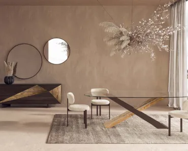 Tavolo X in cristallo extrachiaro con base in metallo e legno secolare di Nature Design