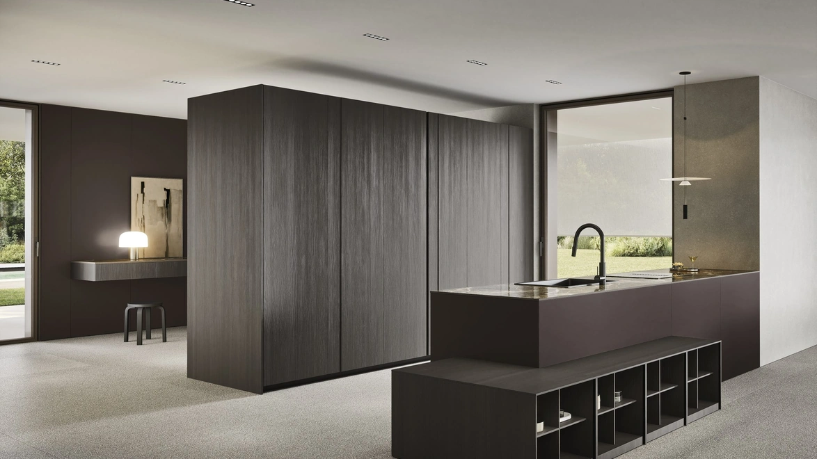 Cucina Design con penisola C04 in laccato e legno di Copat Life