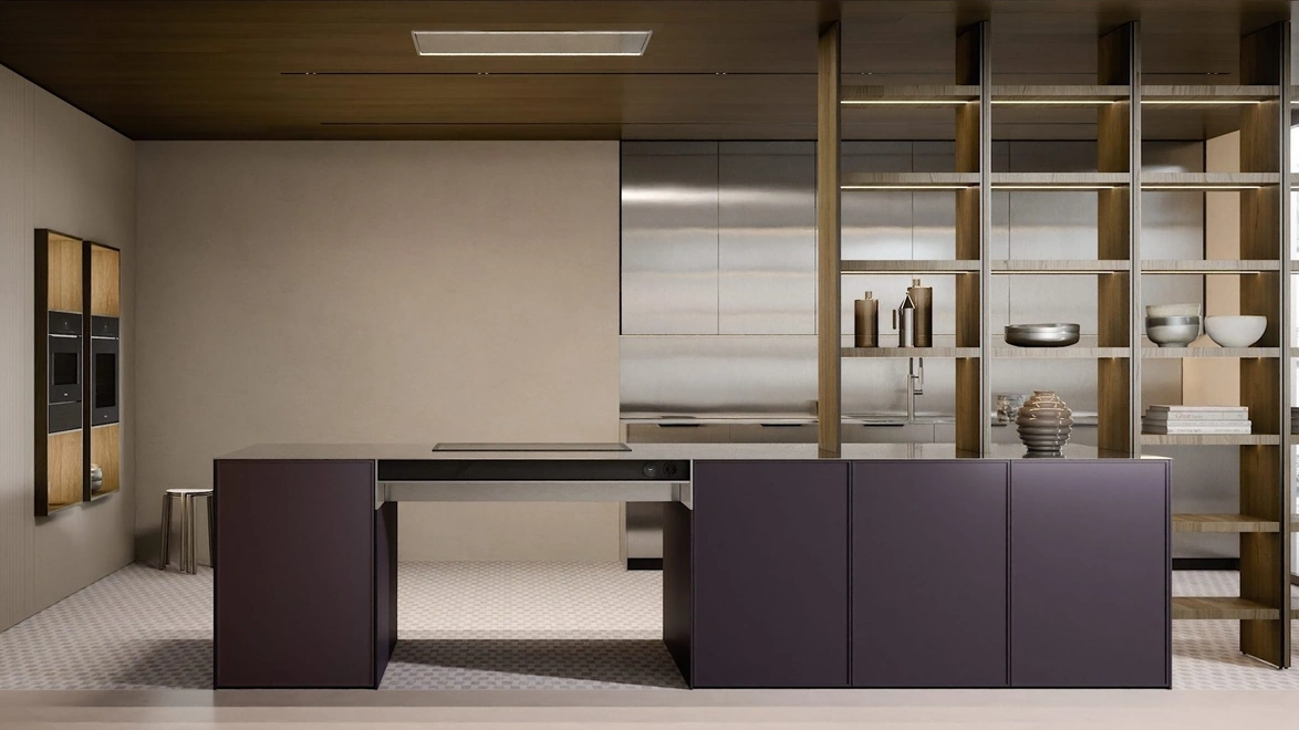 Cucina Design con penisola C07 in laccato, legno e acciaio di Copat Life