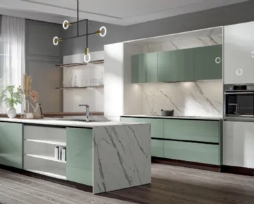 Cucina Moderna Era con penisola in PVC laccato lucido Salvia e Candido Home Cucine