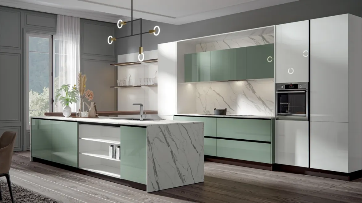 Cucina Moderna Era con penisola in PVC laccato lucido Salvia e Candido Home Cucine