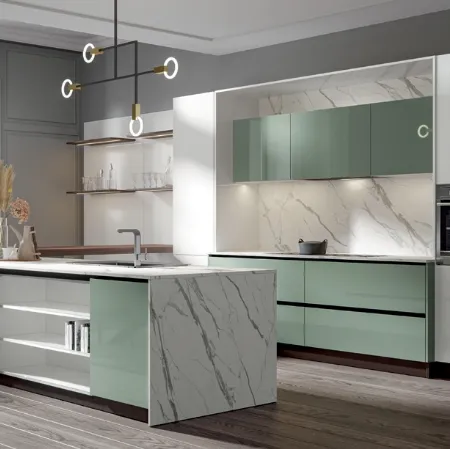 Cucina Moderna Era con penisola in PVC laccato lucido Salvia e Candido Home Cucine