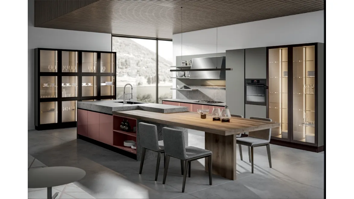Cucina Moderna Klee in laccato Rosa con isola di Home Cucine