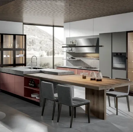 Cucina Moderna Klee in laccato Rosa con isola di Home Cucine