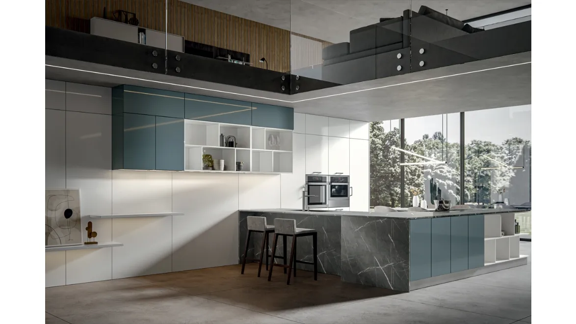 Cucina Moderna Klee con penisola Navy e Seta di Home Cucine