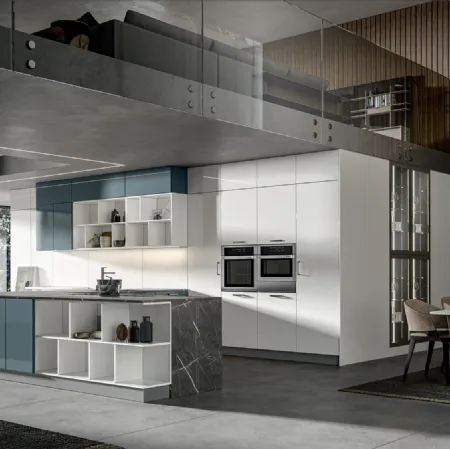 Cucina Moderna Klee con penisola Navy e Seta di Home Cucine
