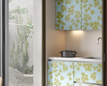 Cucina Moderna monoblocco salvaspazio a scomparsa con ante scorrevoli M120 in laminato di Home Cucine