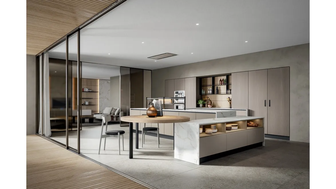 Cucina Moderna Mela con isola in melaminico con top Pandora Calacatta di Home Cucine