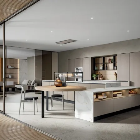 Cucina Moderna Mela con isola in melaminico con top Pandora Calacatta di Home Cucine